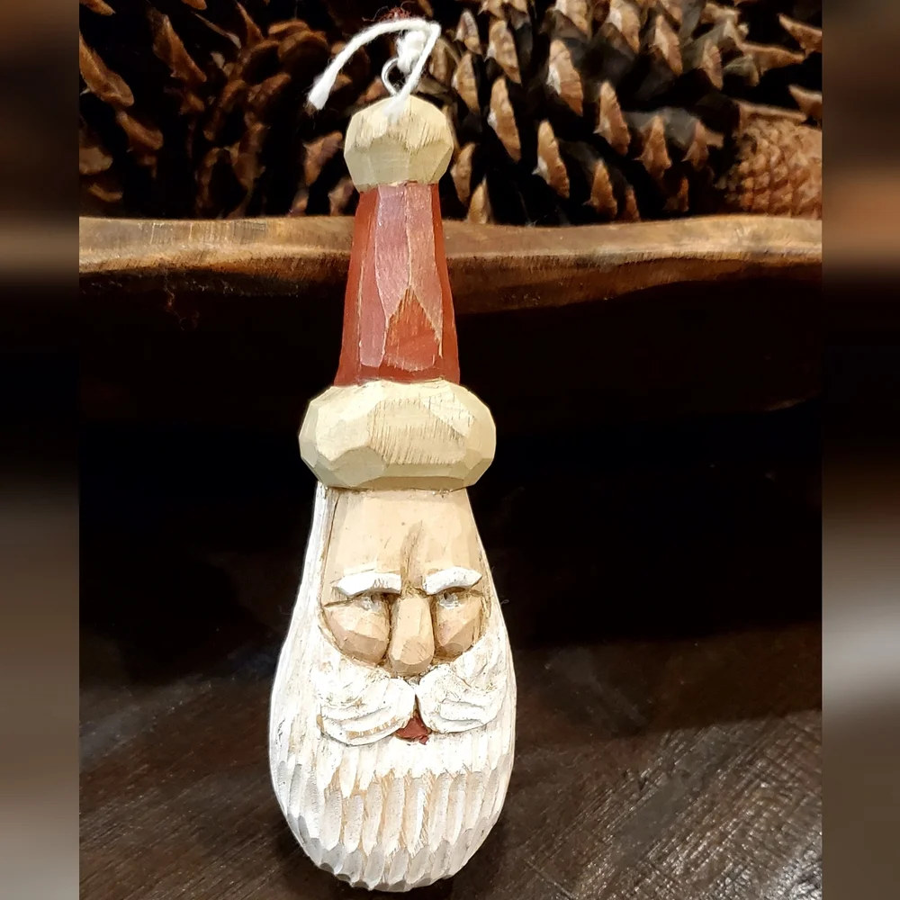 Vtg R.J. Zeit Signed Handcarved Wood Primitive Folk Art Santa Ornament 1996